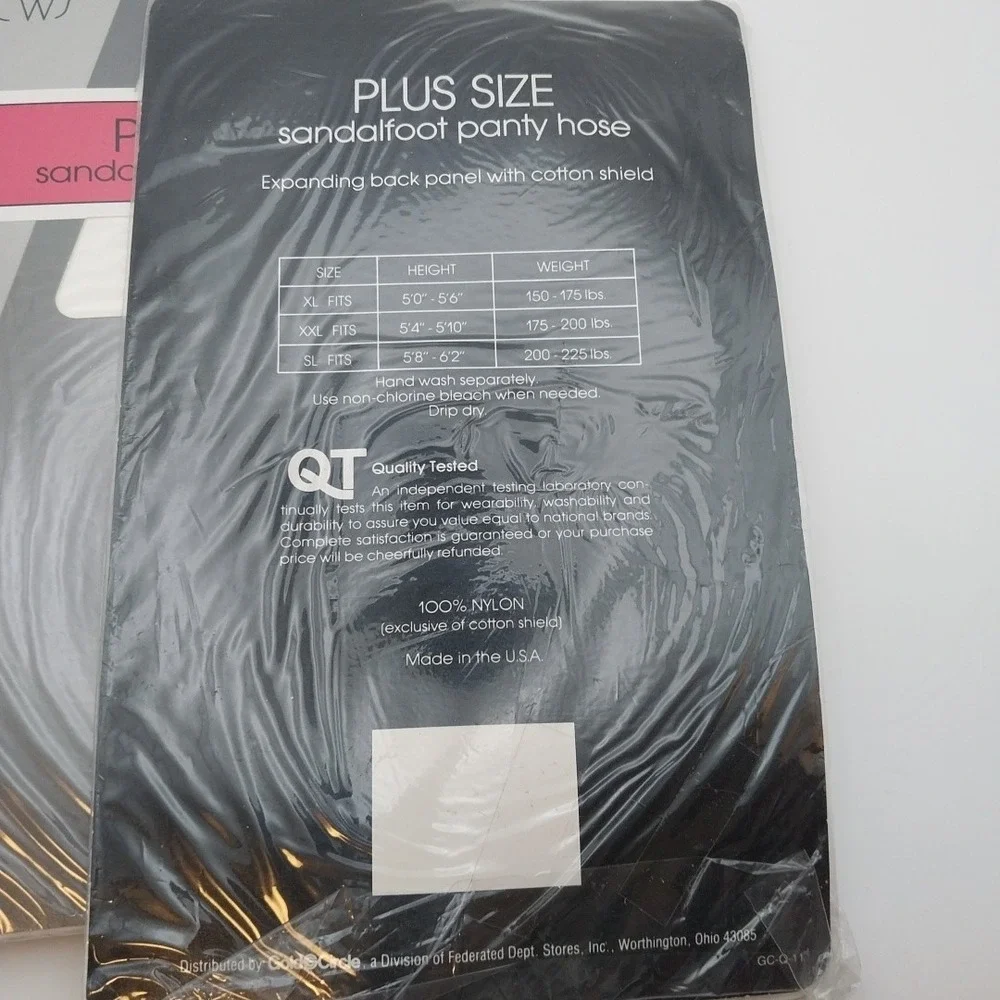 Vtg. XL White Nylon Sandalfoot Pantyhose Gold Circle Leg Views 150-175 Ib 2 pair